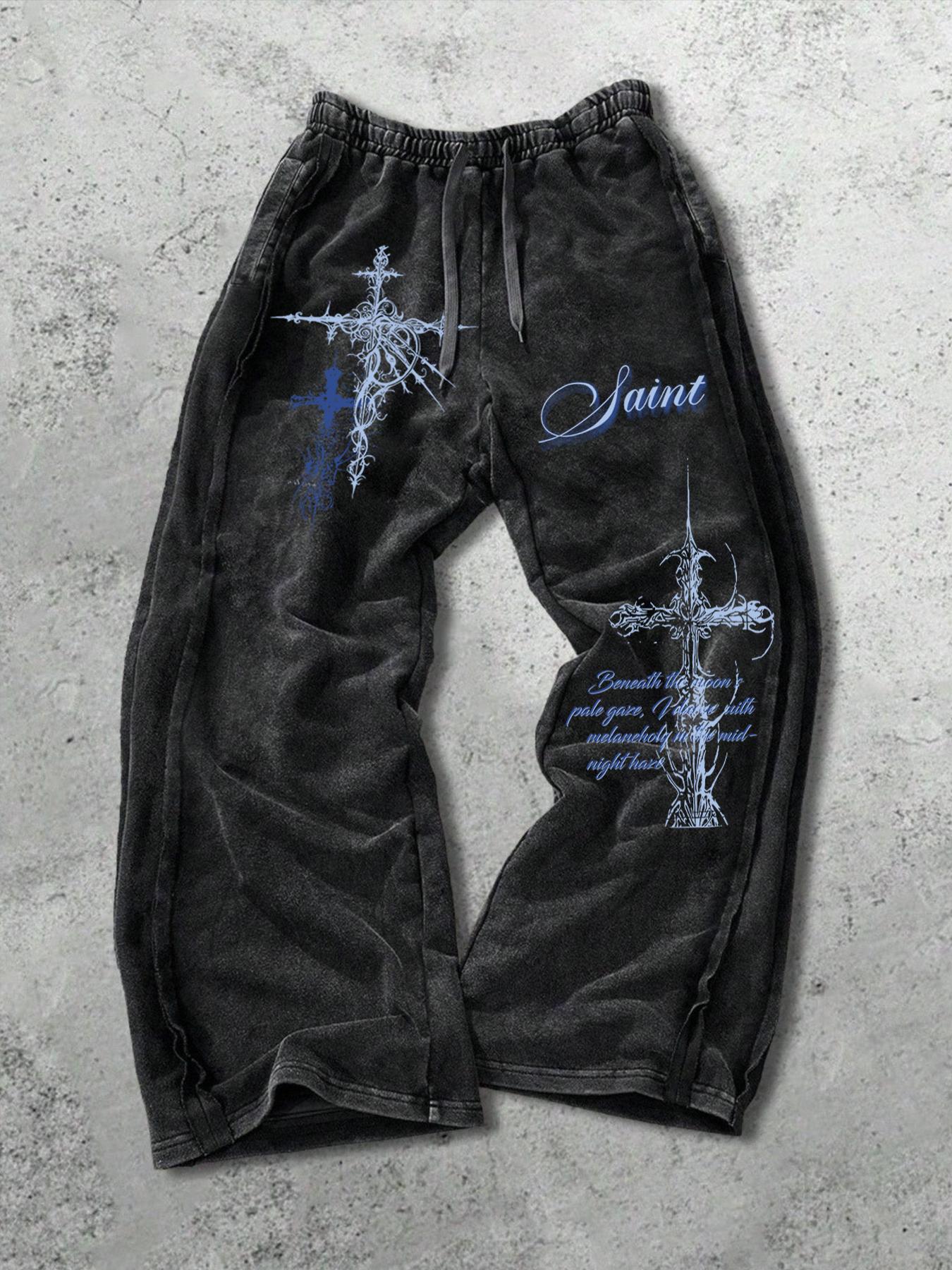 Unisex Gothic Street Style Saint's lettering and Gothic cross pattern print Cotton Sweatpants, Loose Fit Elastic Waist, Casual Fashion Pants for All Seasons,Gothic outfits， Men's Daily Wear Gift
