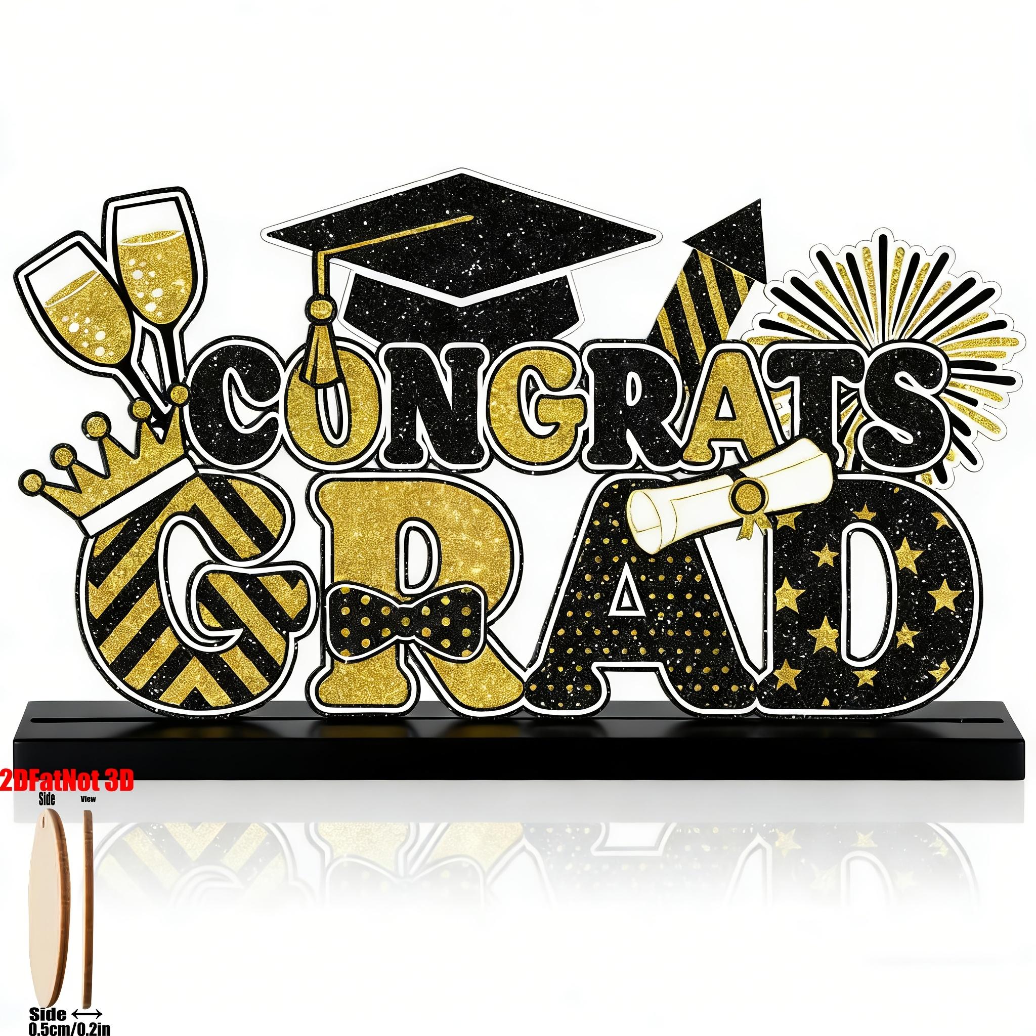 2D Graduation Table Sign, and, Wooden Base, Centerpiece Decor, Suitable for Desk Shelf, Fireplace Shelf, Party Supplies