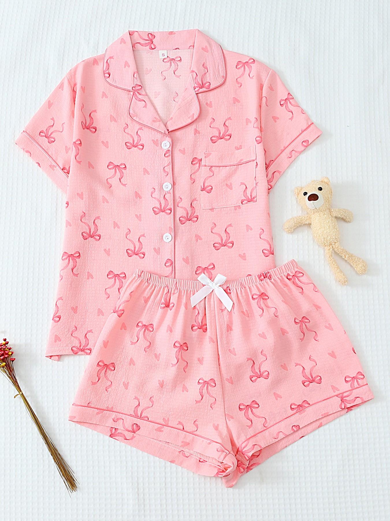 Women's Short Sleeve Button Down Top and Shorts Pajama Set, Spring Summer Wear, For French Gentle Style Girls, Soft Pink With Bow & Heart Print, Classic Lapel Collar, Loose Fit, Comfortable For Home, Afternoon Tea & Short Trips