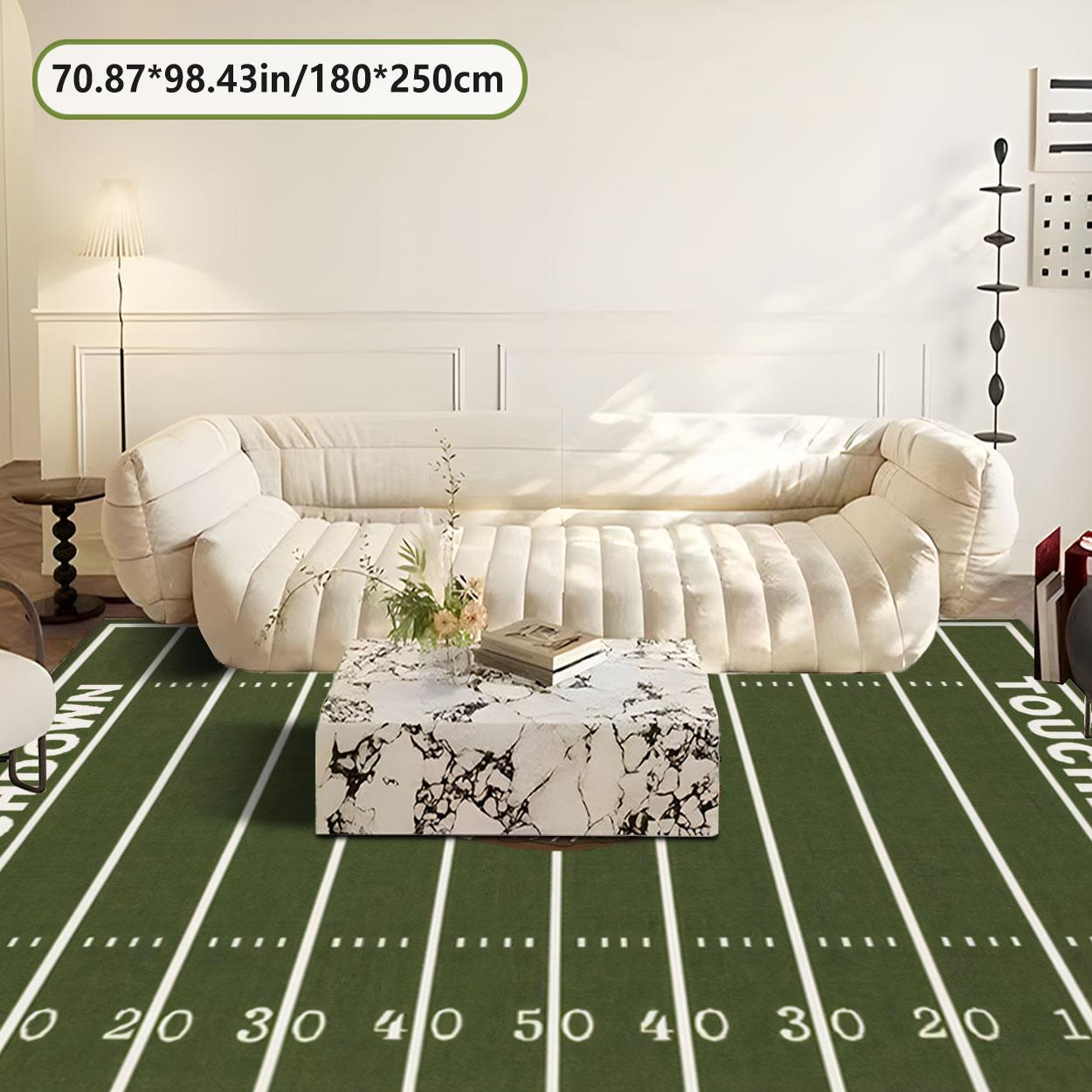 Green Football Field Pattern Carpet, Non-slip Sports Themed Floor Mat, Decorative Area Rug for Home Living Room Bedroom, Home Decor