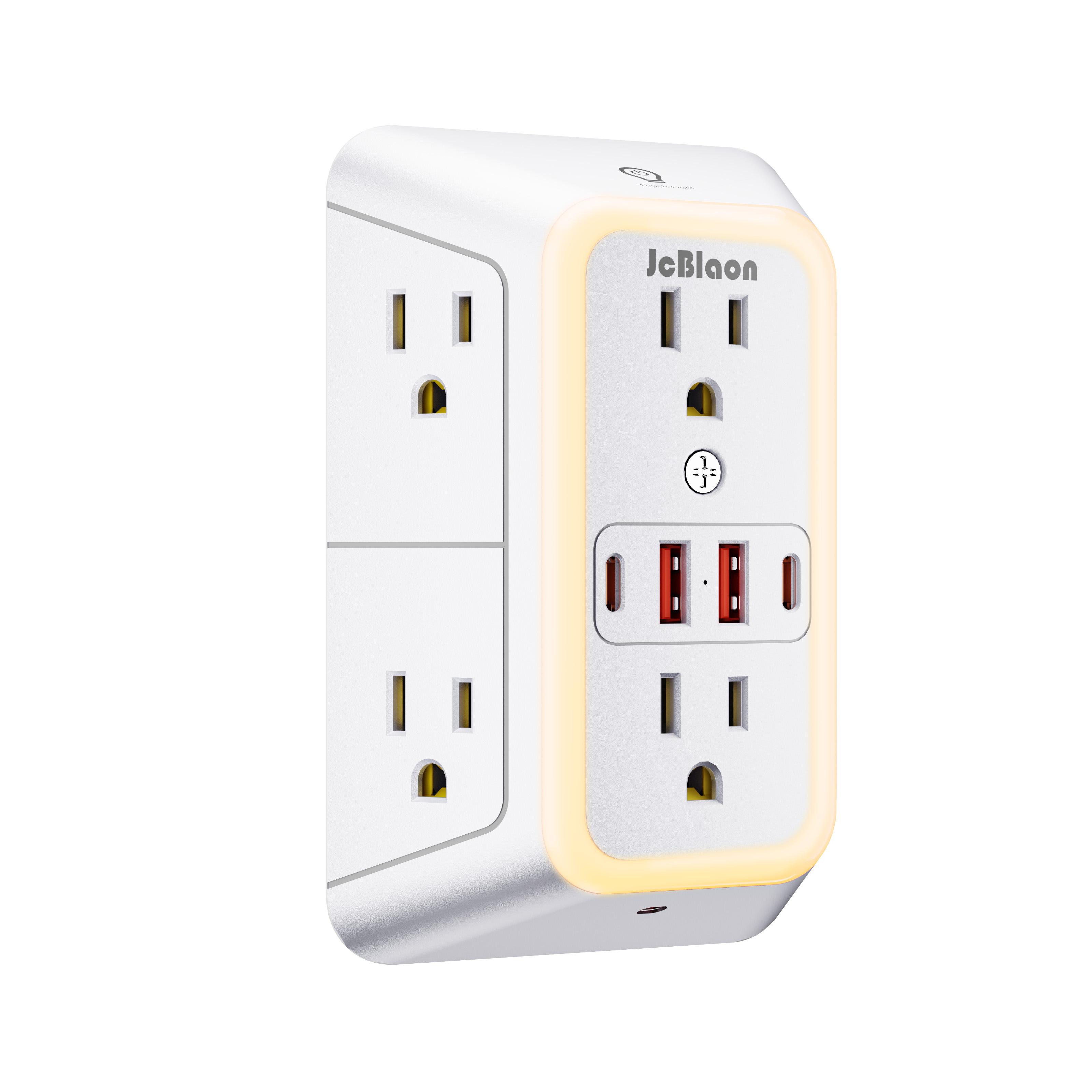 2 Pack Wall Outlet Extender with Night Light, 6 AC Outlets 4 USB Charging Ports , 1050J Surge Protector Power Strip, Multi Plug Outlet Adapter for Home, Travel, Office（Black and White）