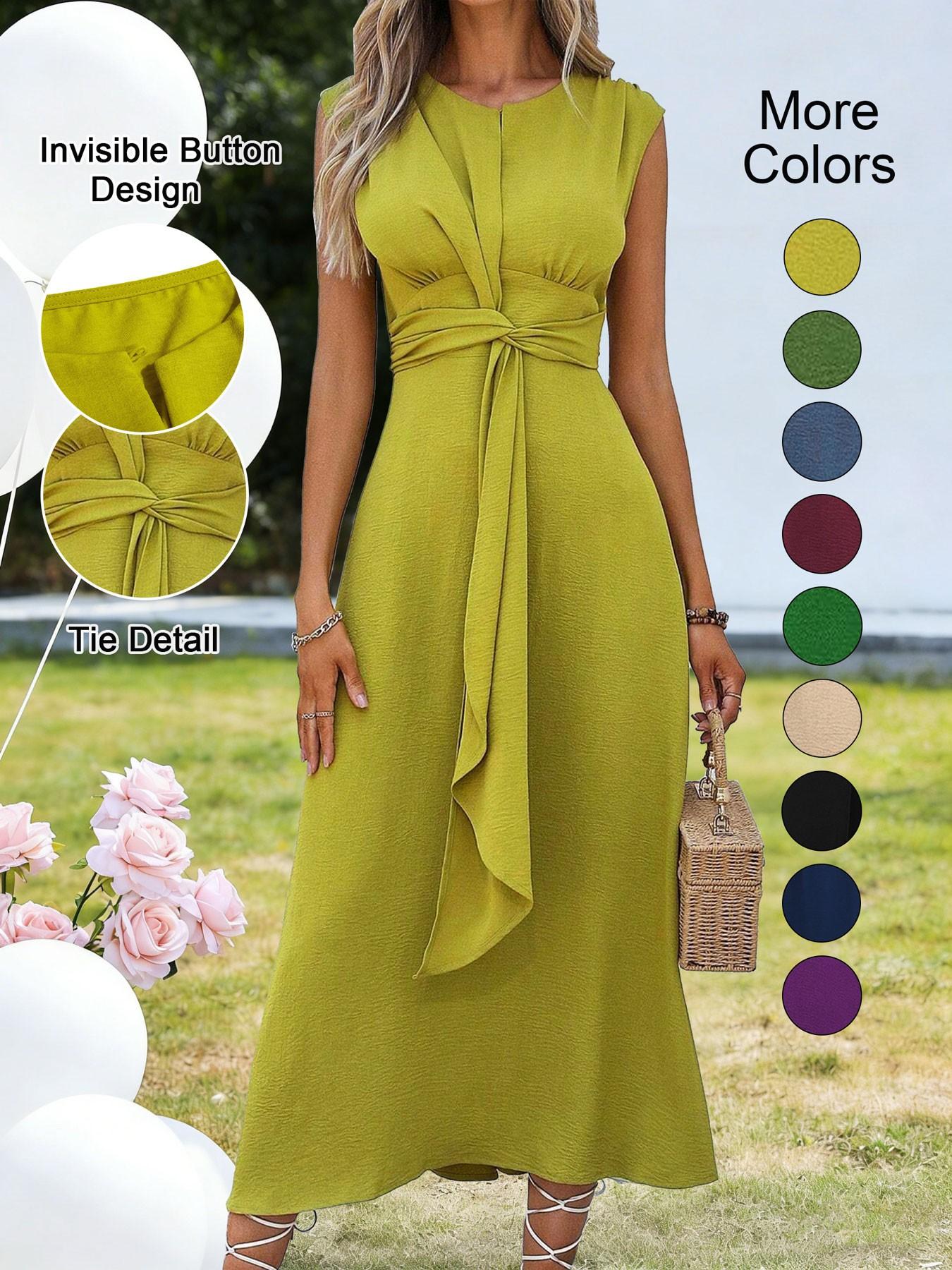 Women's Sleeveless Round Neck Plain Waist-Cinched A-Line Dress with Slimming Front Design, Perfect for Daily Commute