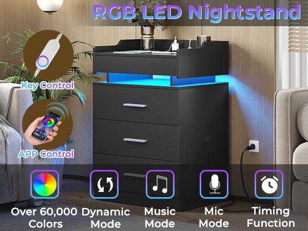 Sikaic Large Nightstand With Charging Station And LED Lights Furniture Bedroom Table Drawer