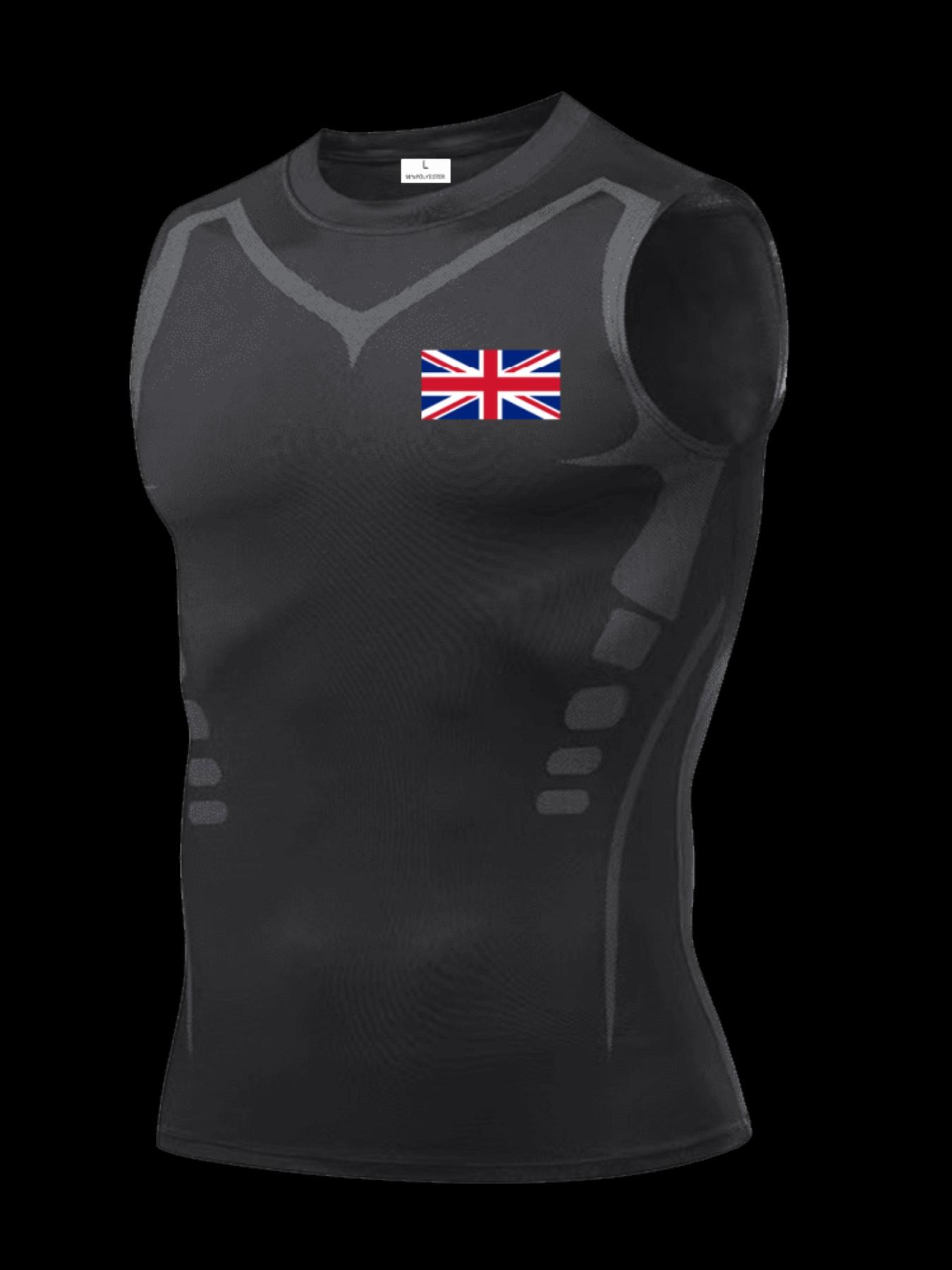 Men's Short Sleeve Sporty Top, Quick-Dry Breathable Slim Fit, Uk Pattern Print, Ideal for Gym, Running, Boxing, Outdoor Activities