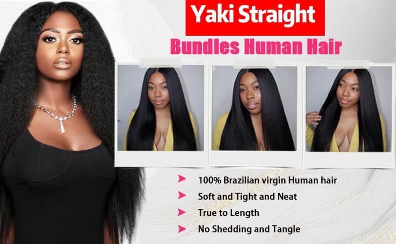 VIPbeauty Kinky Straight Bundles with Closure Yaki Kinky Straight Human Hair 3 Bundles with 5x5 Lace Closure Unprocessed Brazilian Virgin Human Hair Weave Extensions Natural Color