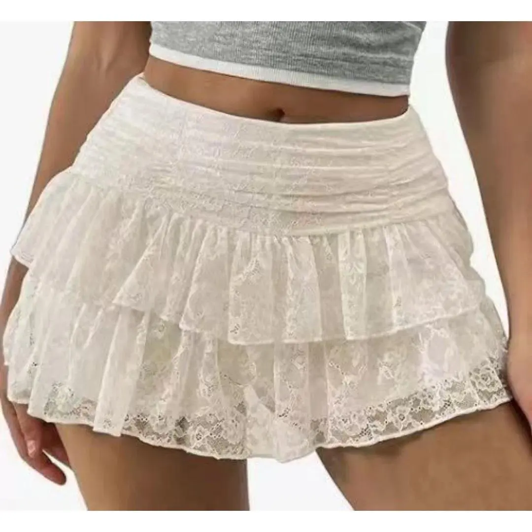 Cute Ruffle Bloomer Skirts Women Summer Lace Floral Skirt High Rise Tiered Ruffled Flowy Short Mini A Line Skirt Lolita Hotsweet