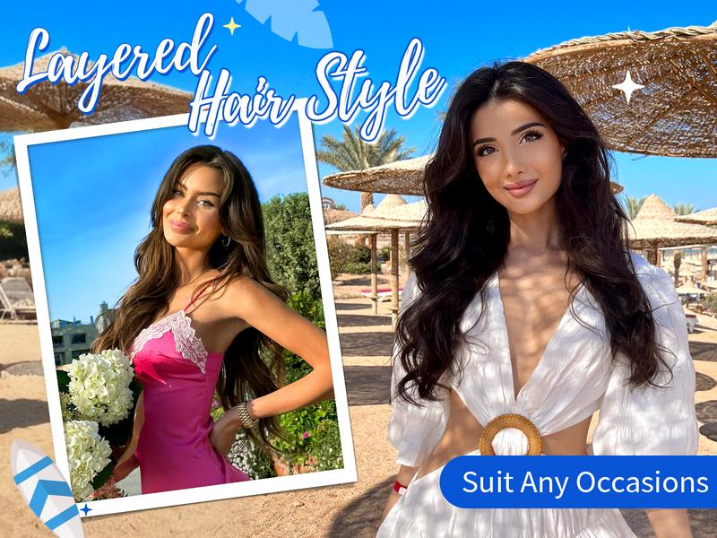 [ kookastyle ] 20inch Invisible Wire Synthetic Hair Extensions 20‘’ Long Wavy Layered Synthetic Clip in Hair Extensions with Transparent Wire Adjustable Size 6 Secure Clips Dark Brown Thick Hairpieces for Women 20 Inch