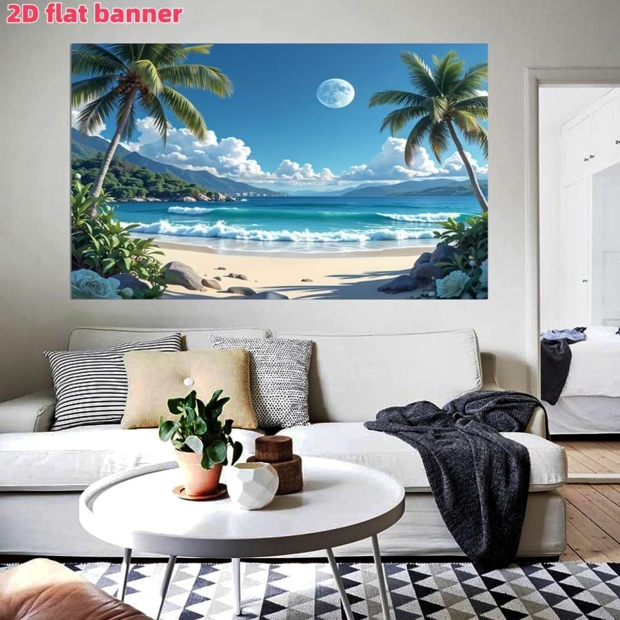 Hawaii Beach Banner, Tropical Party Banner with Palm Trees, Waves, Full Moon, Polyester, Wedding, Birthday, Anniversary Decorations