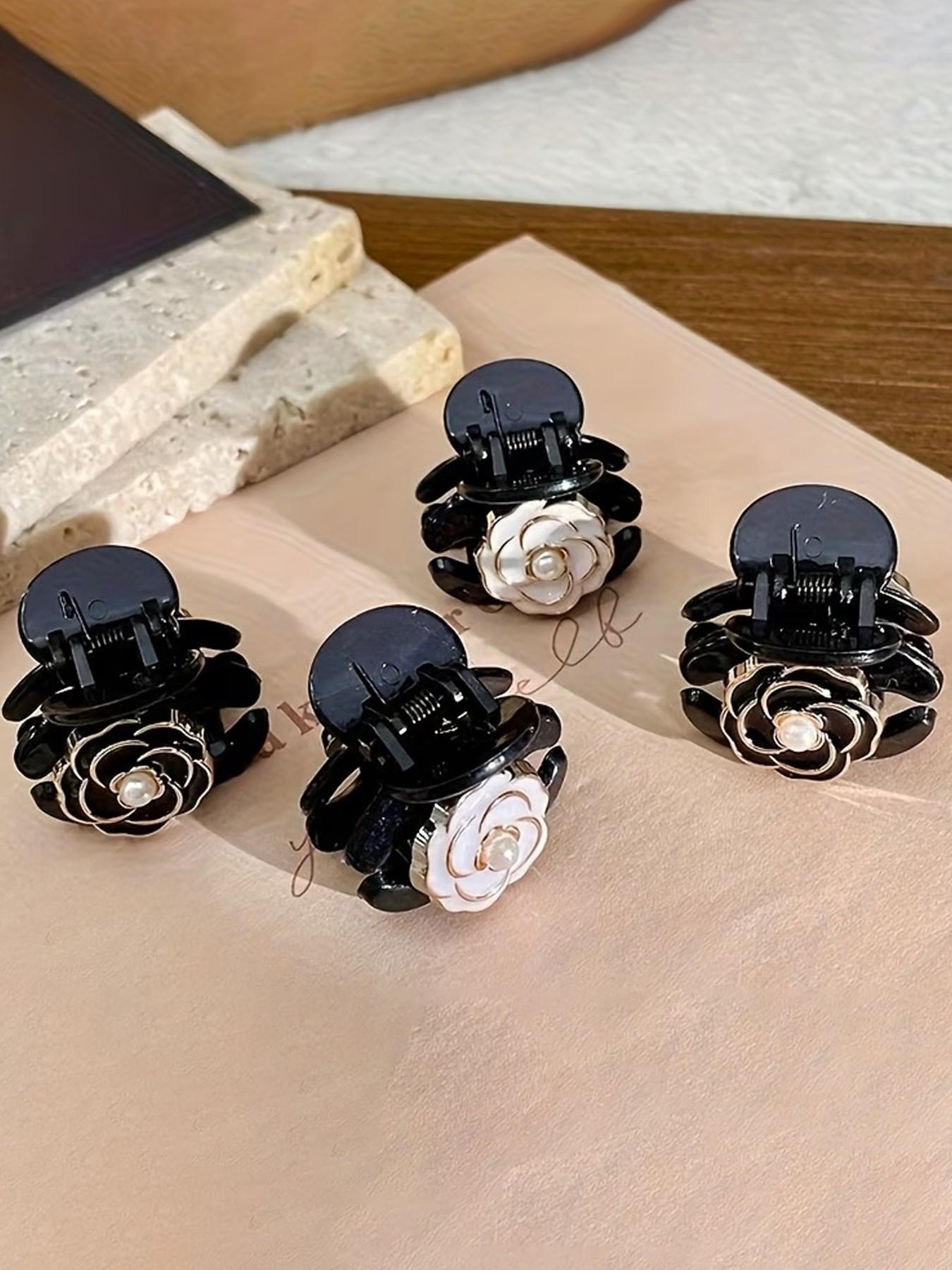 4 Cute Decorative Hair Clips in Various Colors (Black + White), Made of Plastic Camellia Flowers, Suitable for Women, Trendy Small Hair Clips Perfect for Bangs And Side Hair Additions - an Excellent Gift Choice!