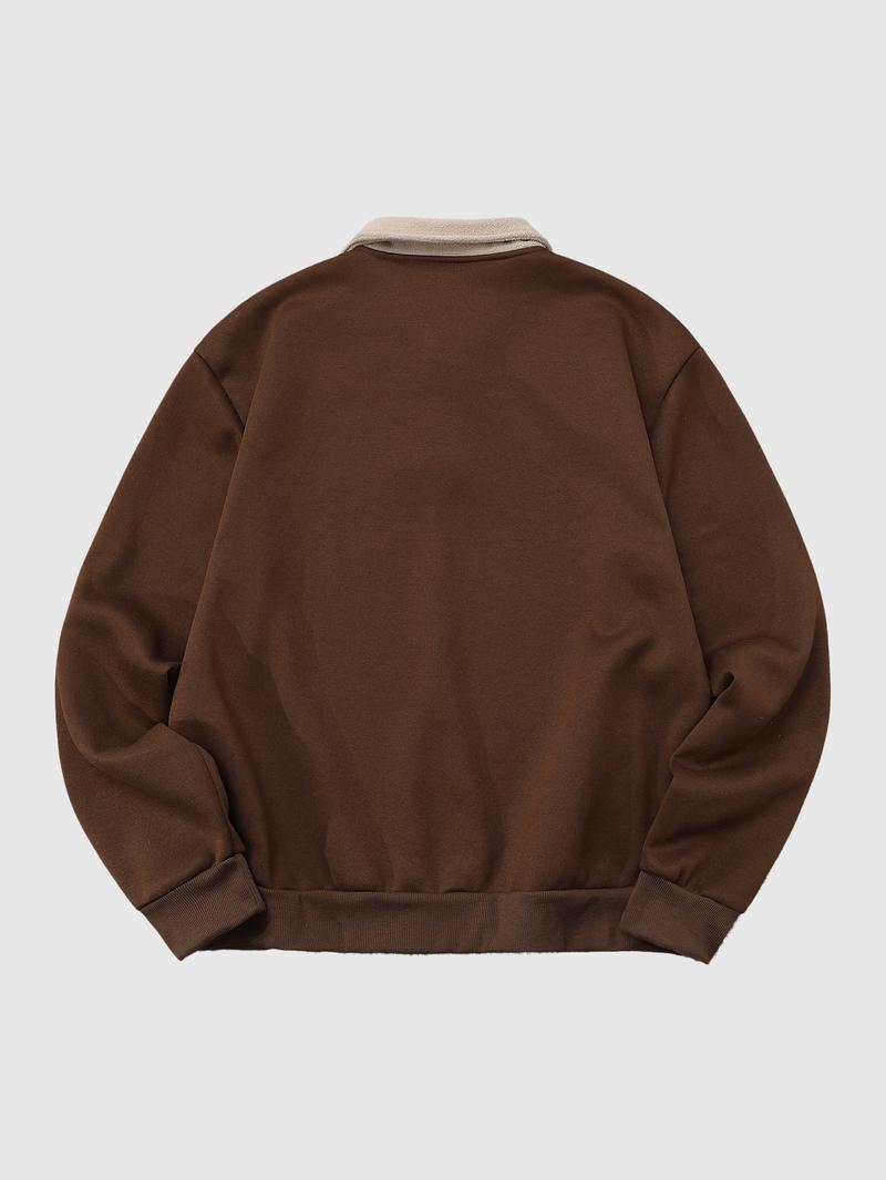 Trendy Retro Lamb Wool Collar Sweatshirt, Cross Print Polo Shirt, Comfortable Casual Wear for All Seasons, Fitted Design