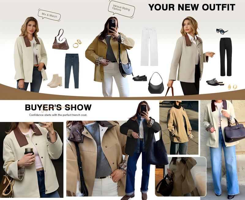 Tankaneo Womens Trench Coat Oversized Fall Barn Jacket Leather Collar Plaid Color Block Windproof Overcoat