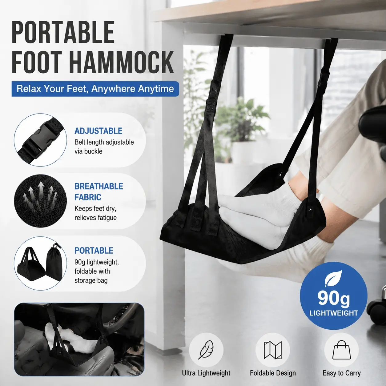 Portable Foldable Car Footrest, Adjustable Height Foot Stool for Office Desk, Home, Travel, Non-Slip Leg Rest for SUV Truck, Ergonomic Comfort Cushion