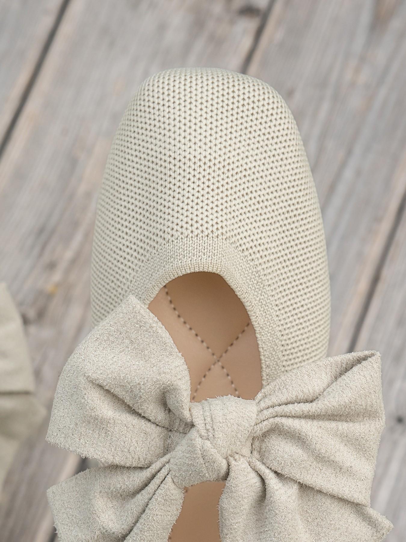Women's Knitted Shoes, Retro Square Toe Mary Jane Flats, Comfortable Low Heel Single Shoe, Fashion Commuter Shoes with Large Bow Decor