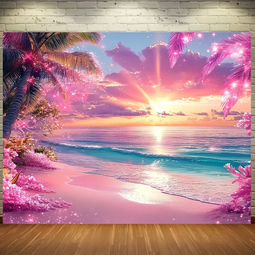 Polyester Tropical Beach Photography Backdrop - Hawaiian Pink Sunset Coastal Scene, Lightweight Home Decor Tapestry for Room Wall Decoration, Party Events, Photo Booths, Gift Option