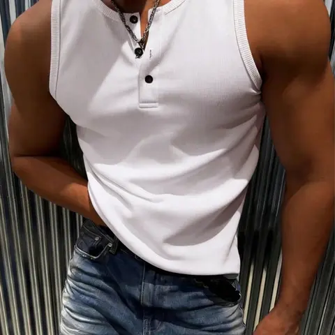 Men's Sleeveless Loose Knit Round Neck Tank Top, Plain Surface, Slim-Fitting, Casual Style, Y-Type Silhouette, Pure Color, Elastic Fabric