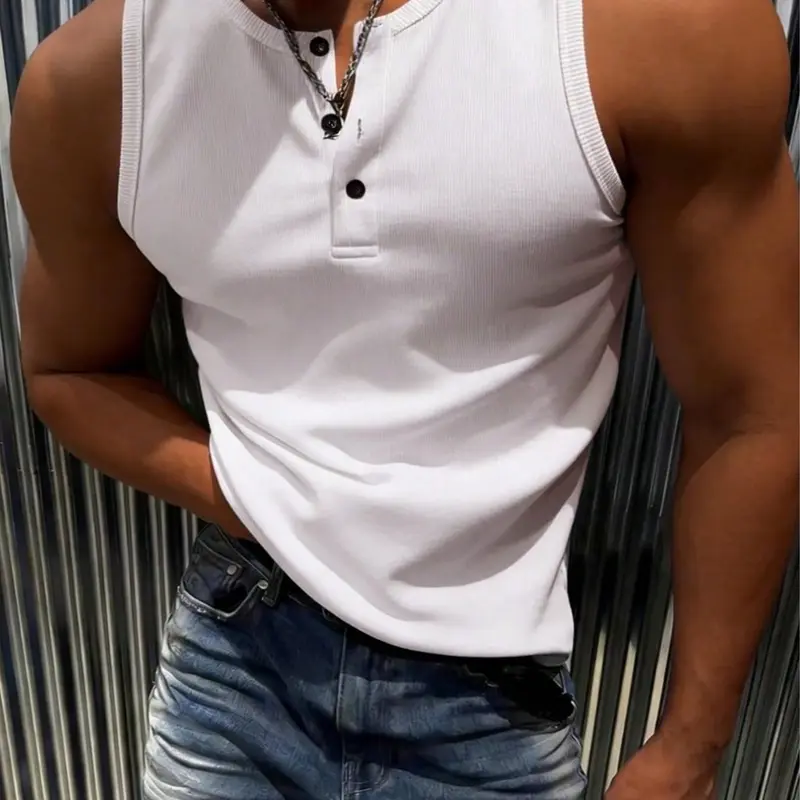 Men's Sleeveless Loose Knit Round Neck Tank Top, Plain Surface, Slim-Fitting, Casual Style, Y-Type Silhouette, Pure Color, Elastic Fabric
