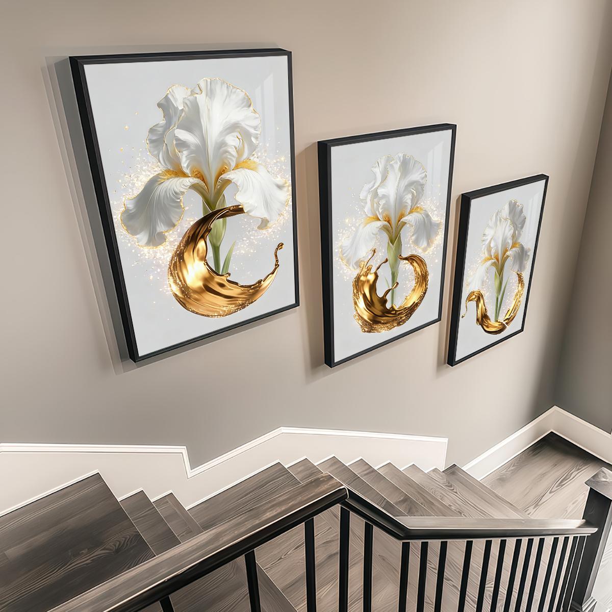 3 Counts Aluminum Alloy Framed Painting, Elegant White Iris And Golden Splash Art Pictures, Home Decoration For Living Room, Bedroom, Office, Restaurant, Hallway Wall Decor, Odorless Print Artwork, Luxury Perfect Gift For Friends And Family