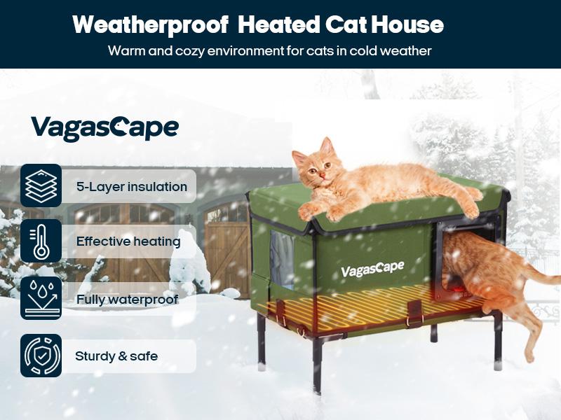 Vagascape Heated Outdoor Cat House, Heated Bowl, Thermostat & Overheat Protection with Auto Shutoff, Warms in ~3s & Energy-Saving – Waterproof, Insulated & Elevated, 12mm Fiberglass Frame, Escape Door & Window, UL-Tested Heating Core