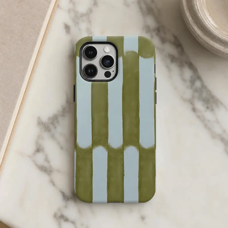 Olive Green Watercolor Hand-painted Stripe, Patterned phone case, 2-in-1 polycarbonate shockproof cover, waterproof & drop-resistant. Fits iPhone 11-X, 15 Plus, 17 Pro Max, Galaxy S22-S26 Ultra. Camera protection, unisex, couple & holiday gift