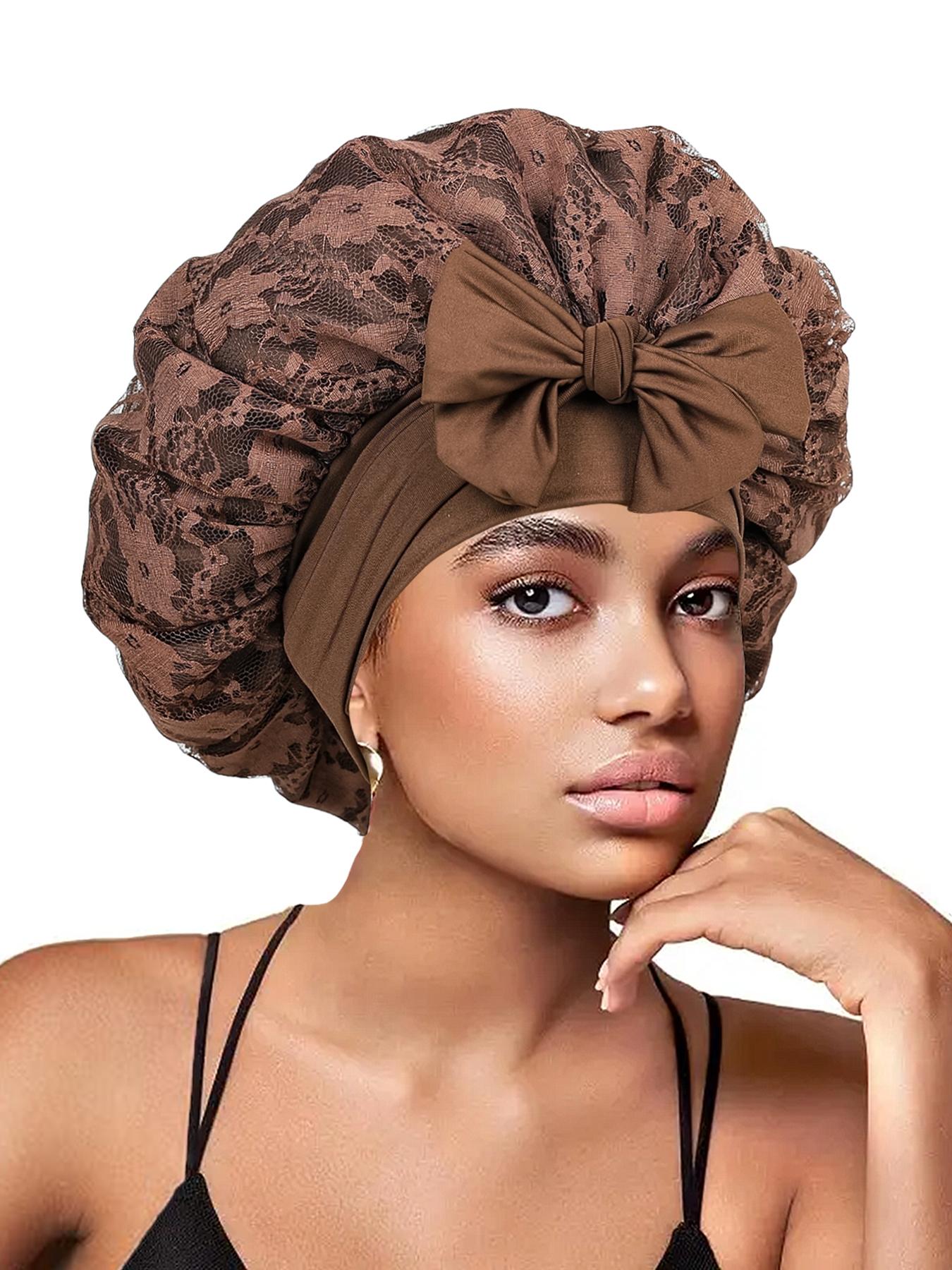 Women's Bonnet Pure Color Lace Design, Hollow Out Pattern, Double Layer Satin Sleep Cap, Non-Slip Hair Care Hat for All Hairstyles