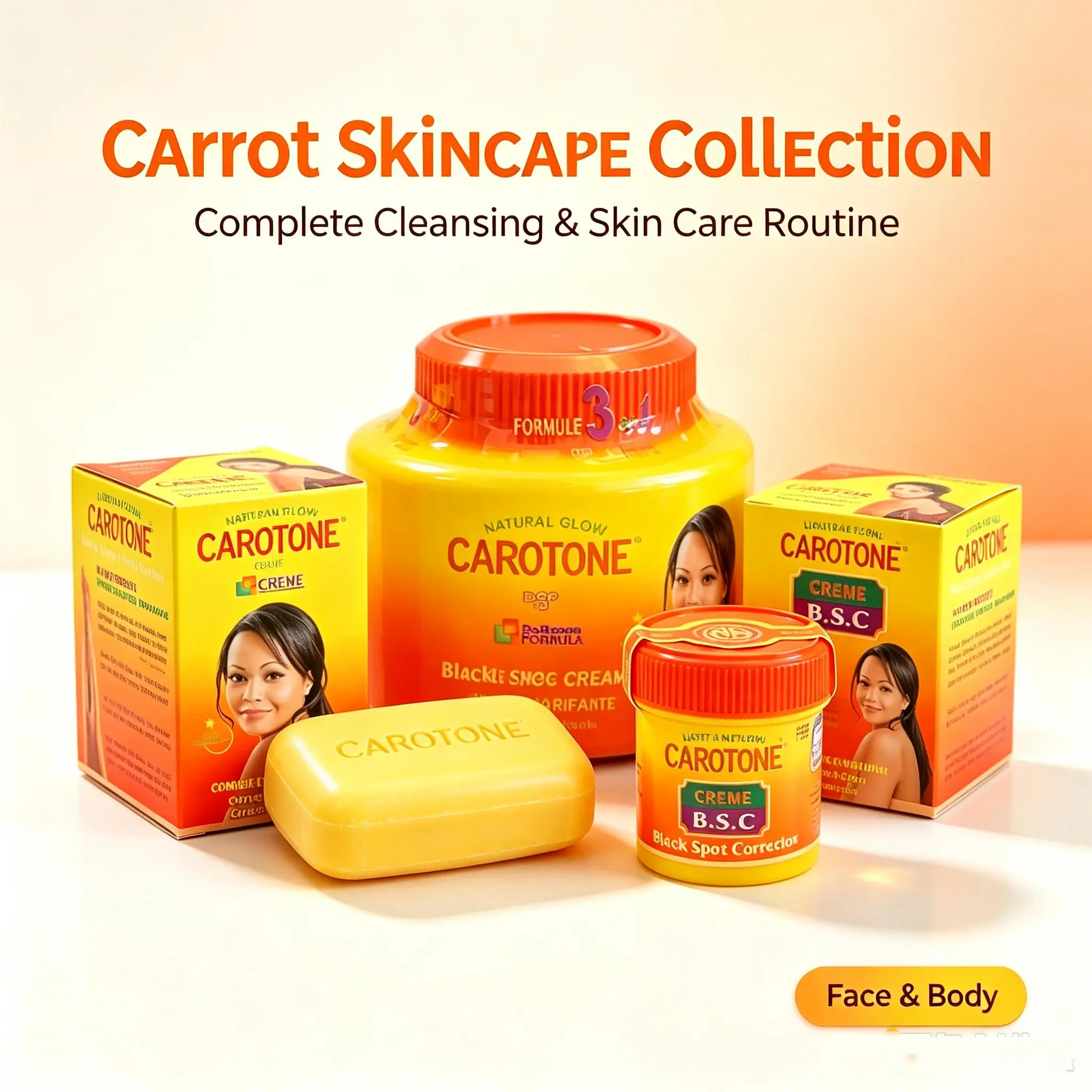 Carotone Brightening Combo with Carrot Extract, Moisturizing Body Lotion & Daily Cleansing Soap for Face and Body
