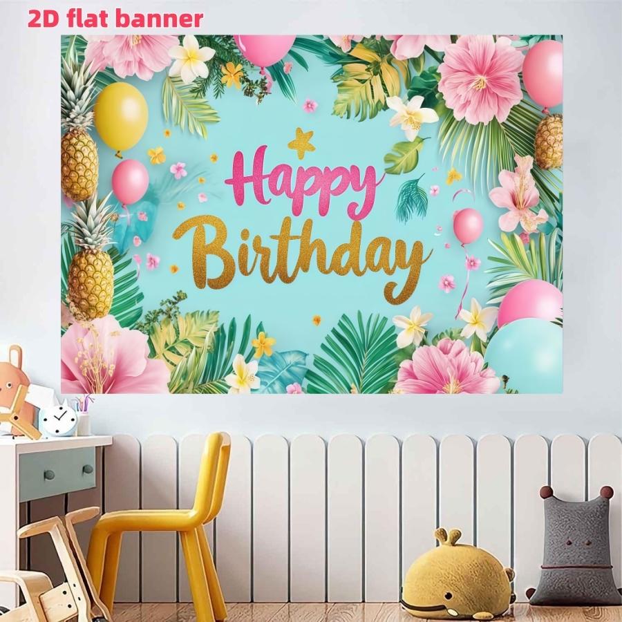 Hawaiian Birthday Party Backdrop Banner, Flamingo Palm Leaf Aloha Tropical Floral Theme, Polyester Material, Indoor Outdoor Party Decor