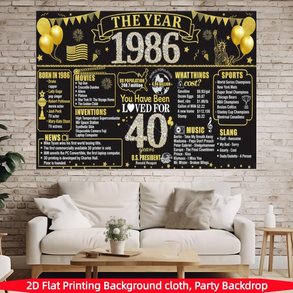 Retro Black Gold 40th Birthday Party Background Cloth, Black Gold 40th Birthday Banner, Retro 1986 Background Poster Photography Background, Polyester Material, Suitable for Photo Booth, Party, Birthday, Celebration, and Indoor/Outdoor Family Birthday