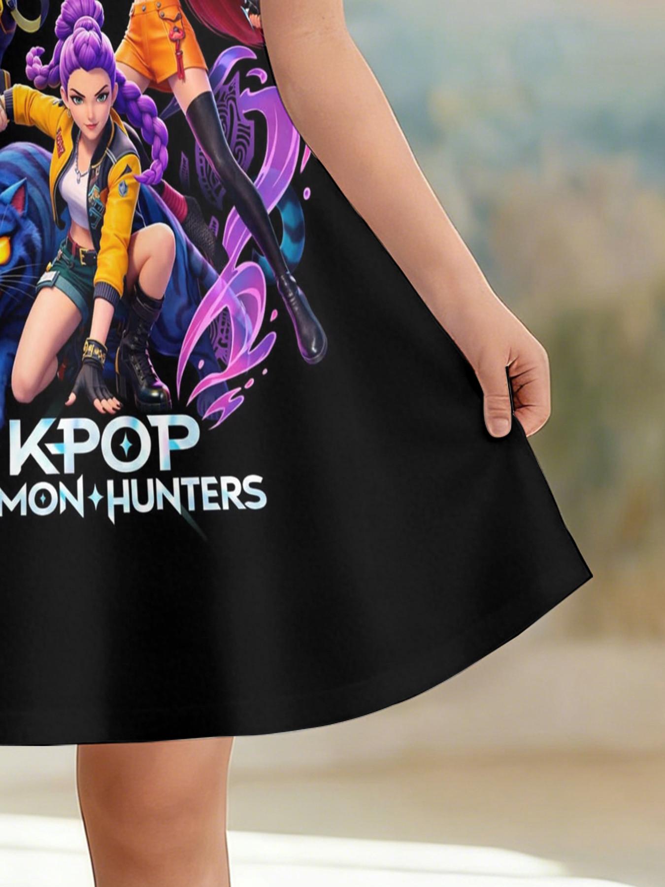 Girls' 3D Dress, Base K-Pop Demon Hunters Anime Full Print, Perfect for Parties, Festive Gifts, Birthday Presents