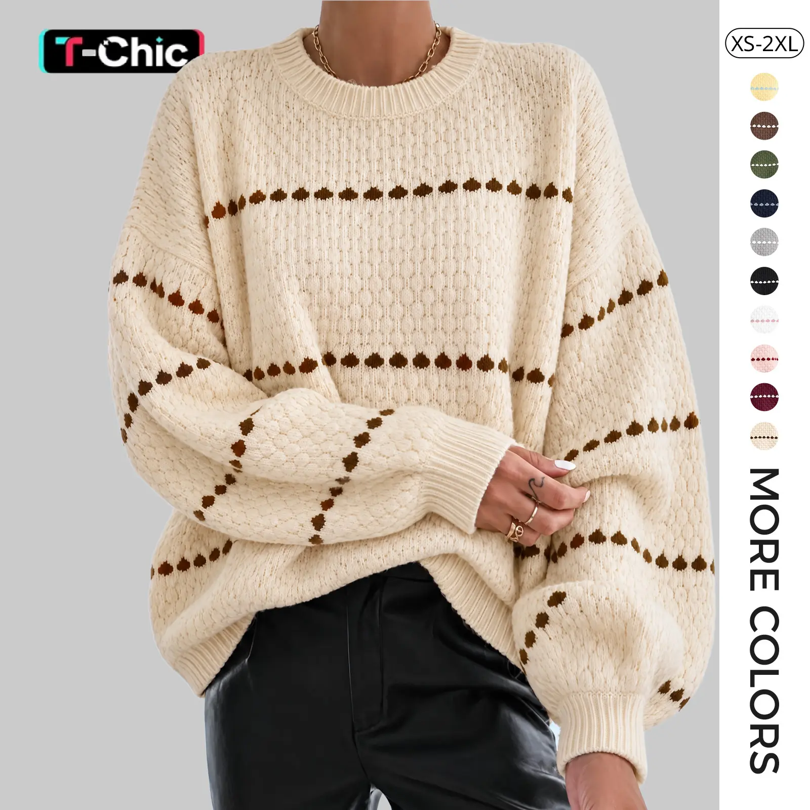 Tankaneo Women's Chunky Knit Oversized Long Puff Drop Shoulder Pullover Sweater - Medium Length, Color Block, Crew Neck, Loose Fit, Soft Blend, Stripped, Casual Fall-Winter, Machine Washable