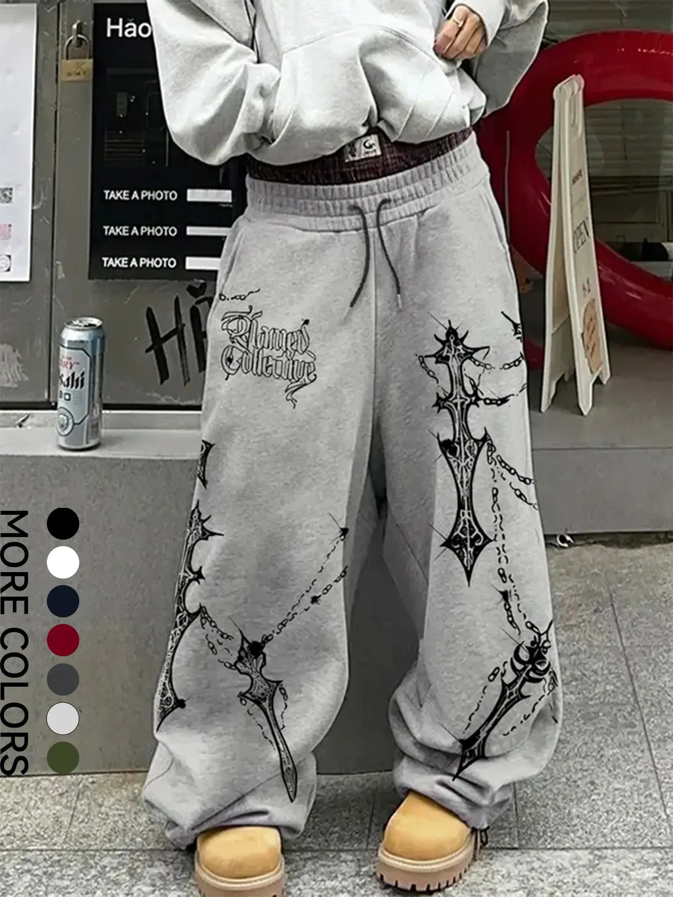 Red Baggy Y2K Sweatpants with Gothic Cross Print - Oversized