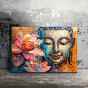 1 piece of wooden frame canvas painting, lotus Buddha wall art color Zen, wall art prints for living room, bedroom, and kitchen, home and office decoration, 2D flat printing