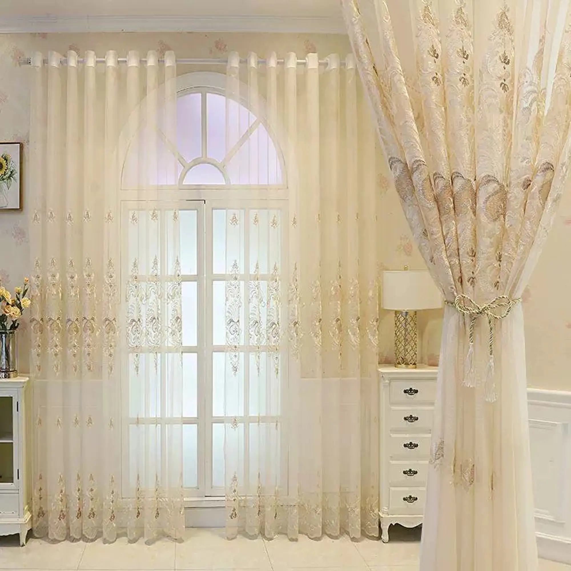 Luxury European Embroidered Sheer Curtain, Home Decorative Curtain, Home Decoration Curtain, Premium Fabric Bohemian Style Window Drapes for Living Room Bedroom Balcony Kitchen, High-End Home Decor