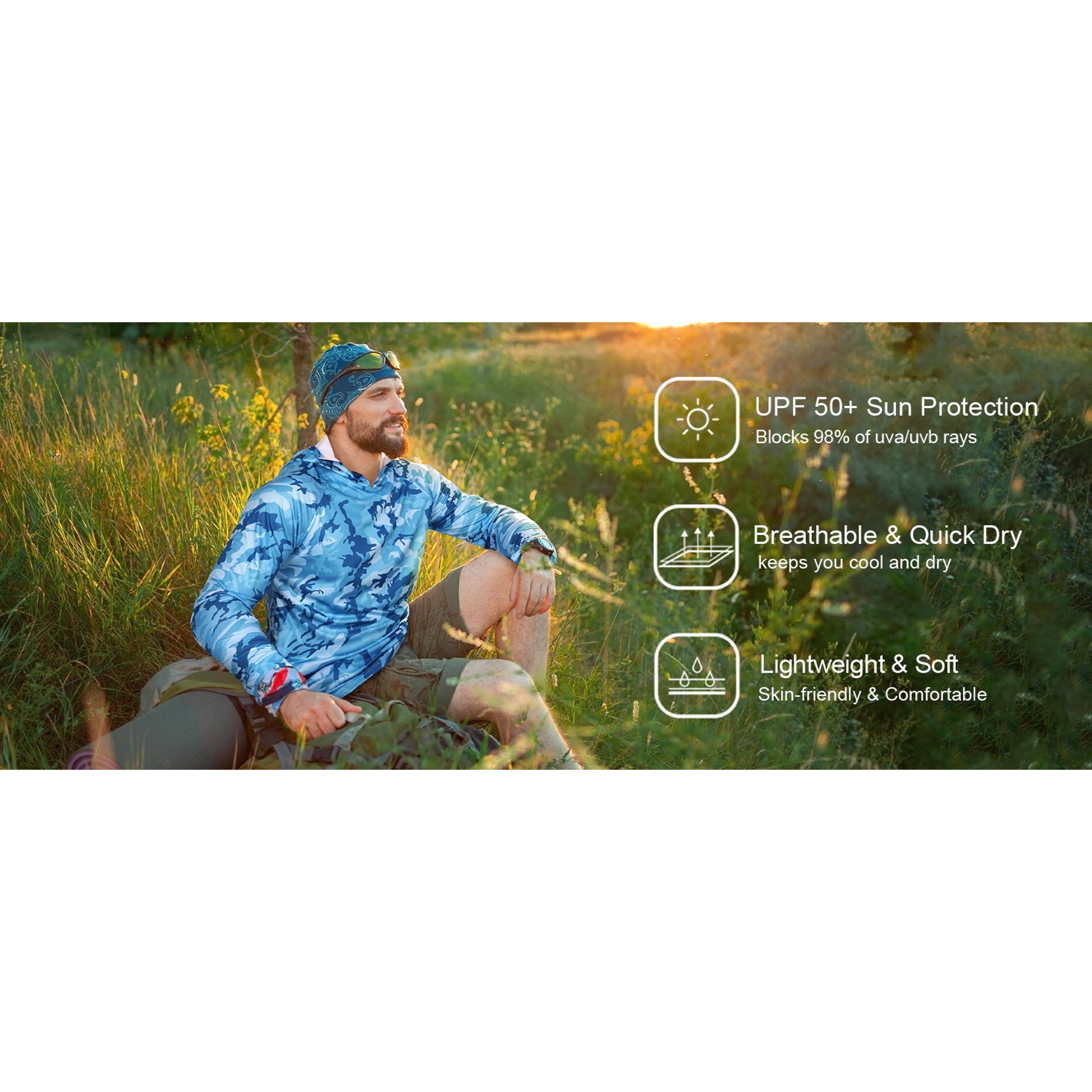 Men's UPF 50+ Hooded Long Sleeve Fishing Shirt, Lightweight Camo Sun Protection Hiking Hunting ShirtGift