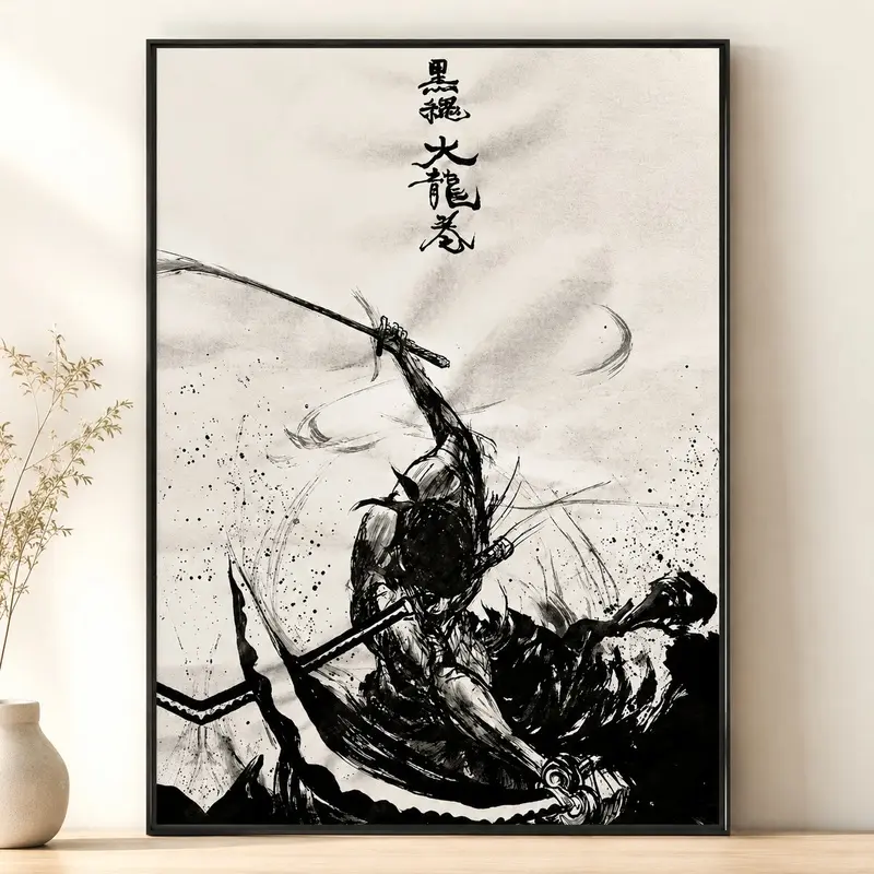 Zoro Anime Samurai Wall Art Poster - Black & White Ink Style Canvas Print, 1 Piece Inspired Japanese Sword Decor, Otaku Gift for Bedroom, Gaming Room