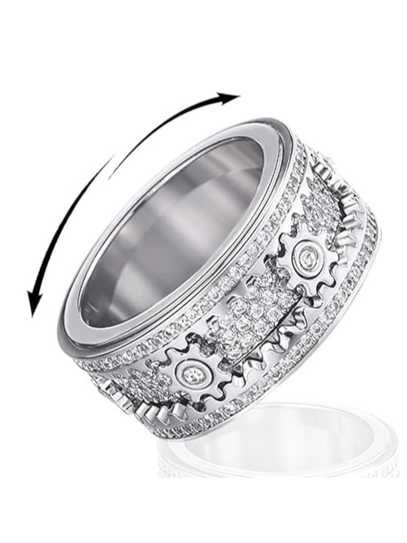 Gear Ring for Anxiety Relief, Unisex Fidget Spinner Ring, Stainless Steel, Diamond-Embedded, Perfect Gift for Friends and Family
