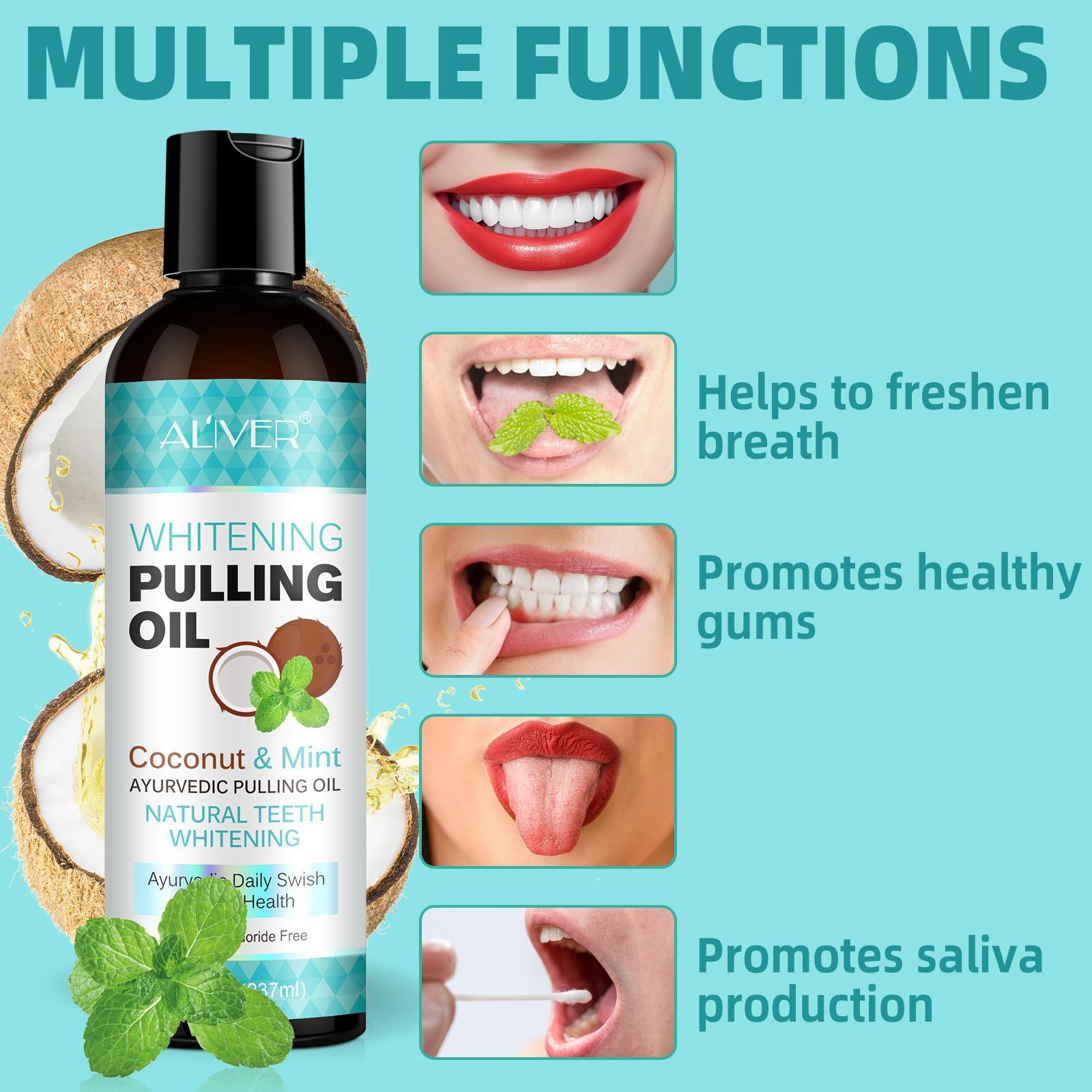 ALIVER 3-Piece Coconut Oil & Mint Mouthwash Set, including 237ml of Coconut Oil & Mint Mouthwash + 1 tongue scraper + 1 measuring cup. With a refreshing coconut oil and mint scent, it freshens breath, eliminates bad breath, and cleans teeth.