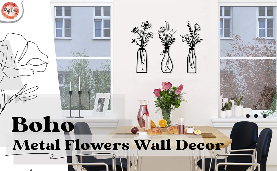 【Holiday Haul】3 Pieces Metal Flowers Wall Decoration - Rustic Farmhouse Decoration Beige Minimalist Flower Wall Decors for Living room Bathroom Bedroom Dining Room-Housewarming Gifts (Beige, Vase-C)