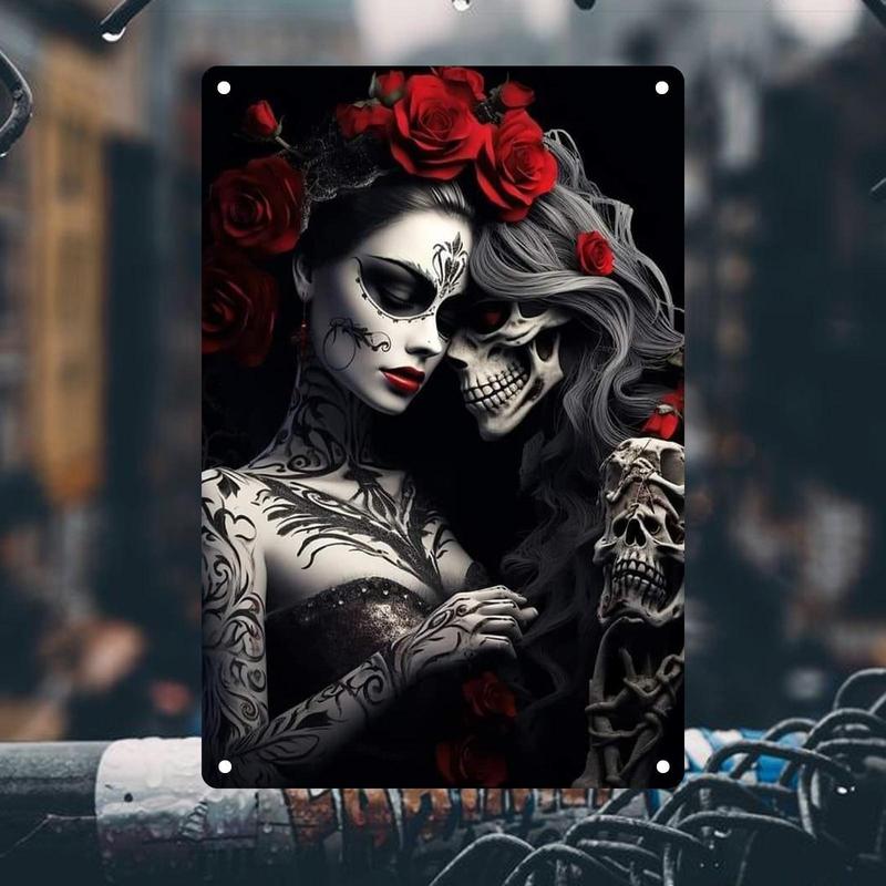 1PC 2D Flat - Gothic Sugar Skull and Rose Metal Wall Art - Vibrant Iron Sign with Intricate Tattoo Design, Black and White Contrast, Perfect for Home, Coffee Shop, Bar Decoration, Unique Valentine's Day Gift, Easy to Hang, Home Decor