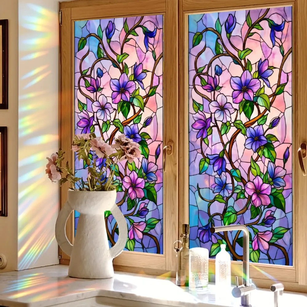 2D Flat Static Cling Floral Vine Pattern Rectangular Ornament For Window And Bathroom Decor Removable