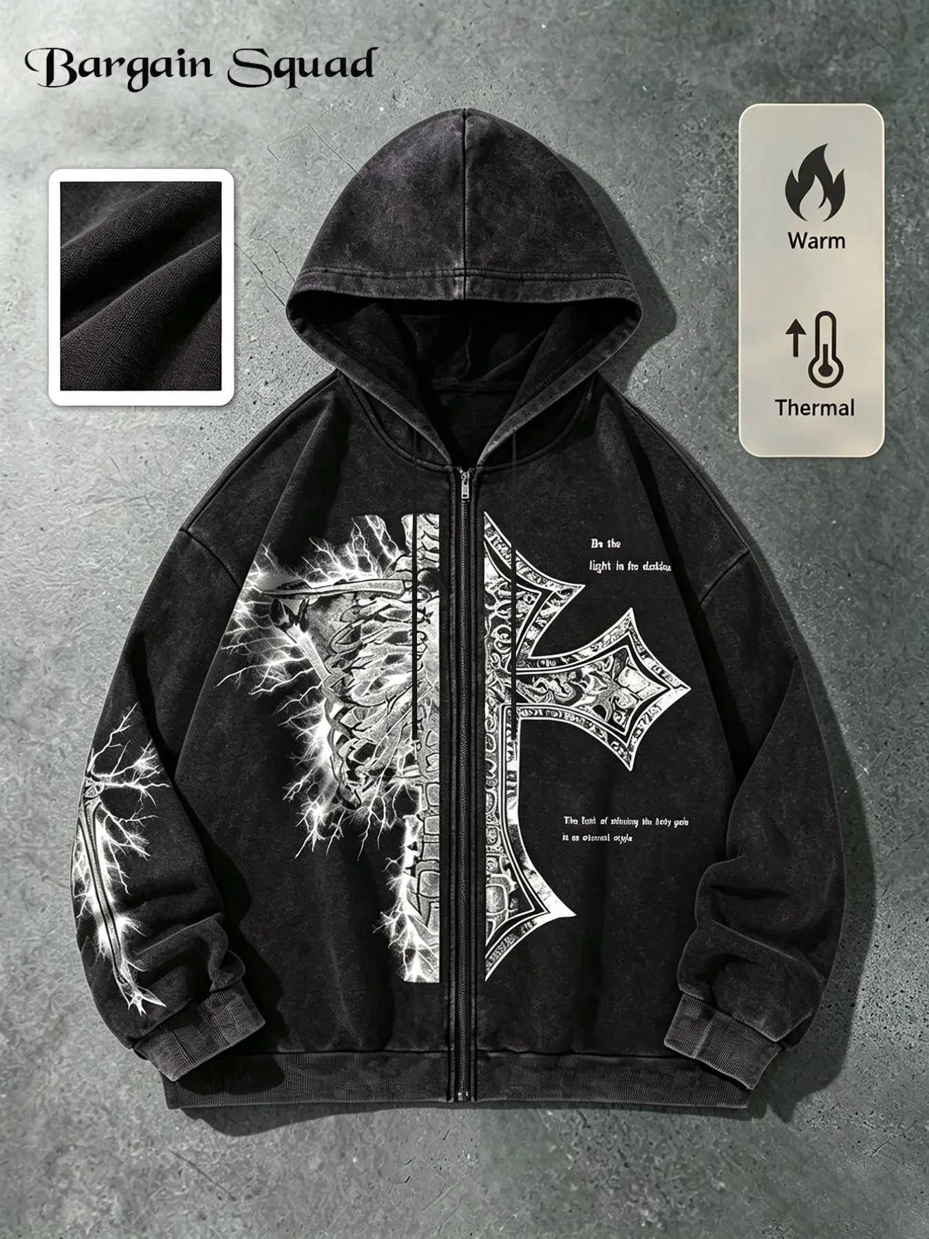 Vintage Washed Zipper Hoodie, Gothic Cross Lightning Print, Loose Fit Punk Streetwear, Cotton Blend, Unisex, Casual Pullover