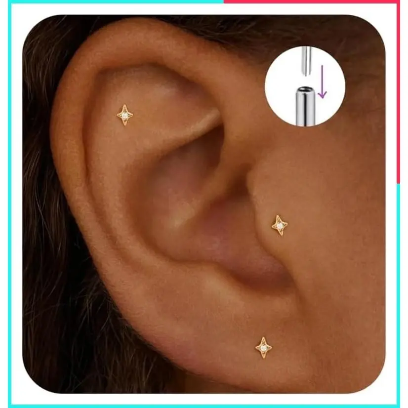 Flat Back Stud Earrings for Cartilage Tragus Helix Conch Nose Piercing, Small Hypoallergenic Surgical Steel Titanium Studs for Women, Threadless Internally Threaded, 16G 18G 20G