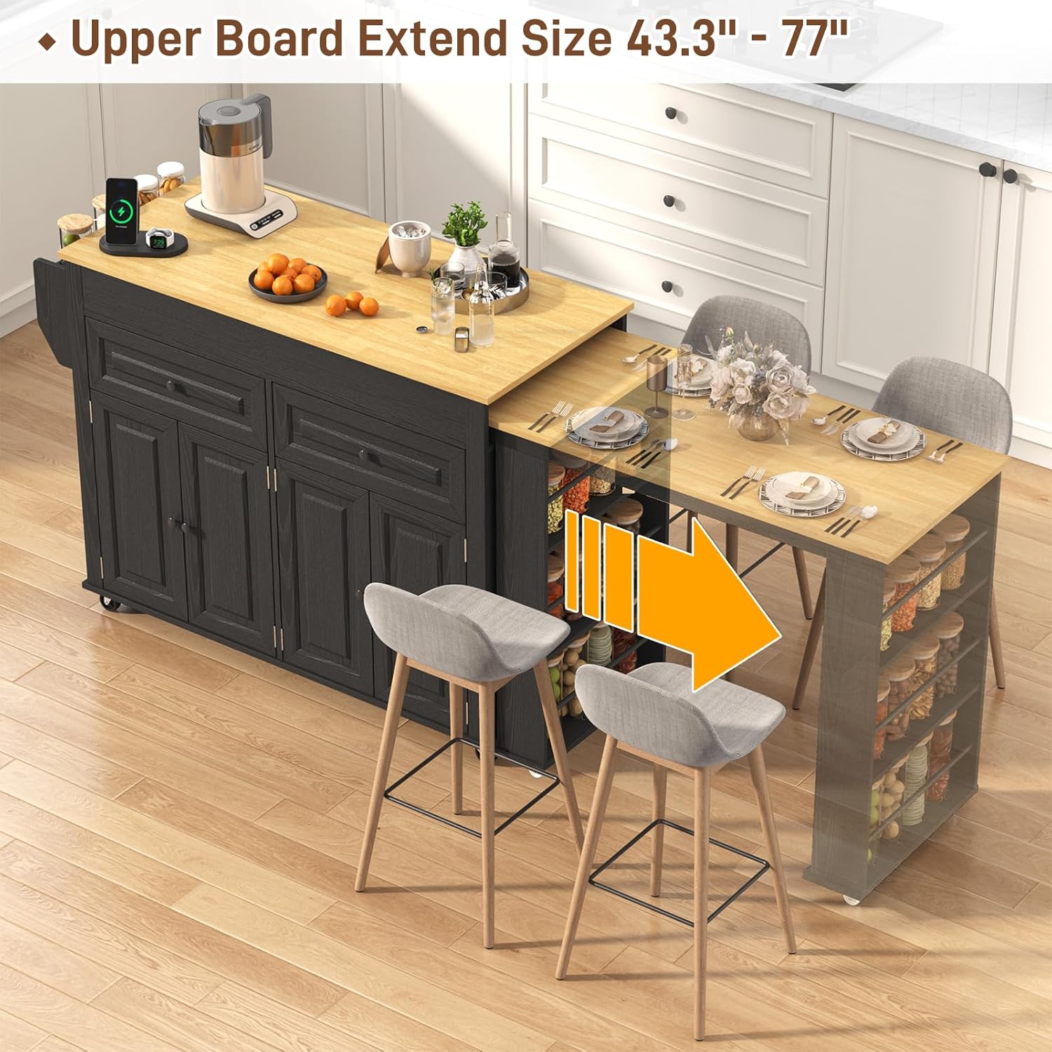 80"-48" Extendable Kitchen Island with Extended Dining Table and Power Outlet,Large Mobile Kitchen Storage Islands with 2 Storage Drawers,Rolling Islands Cart with 3 Extra Rows Open Shelves(White/Black/Brown/Blue)