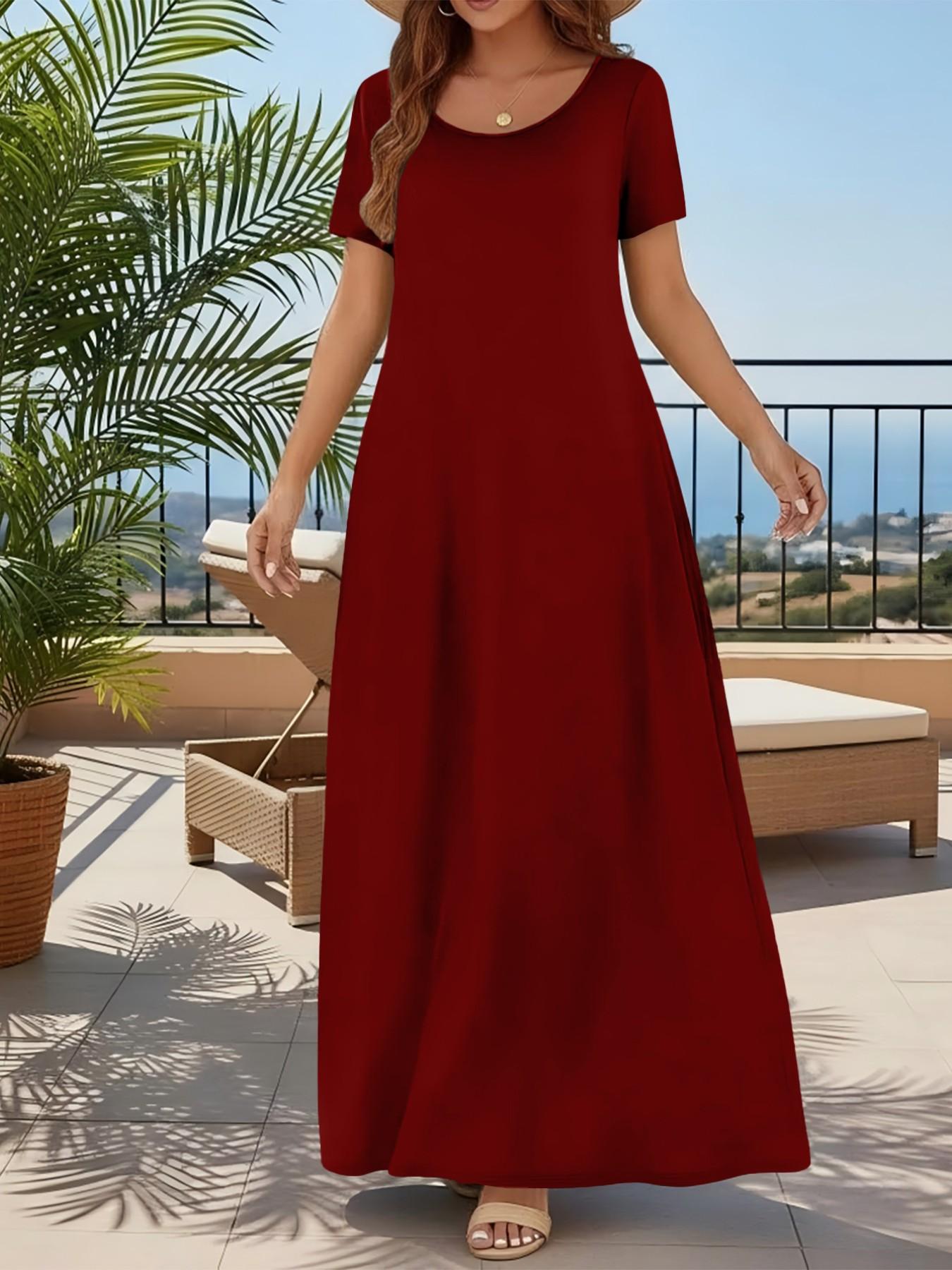 Women's Casual Commuter Plain Minimalist Short Sleeve Dress with Pockets, Loose Fit Summer & Fall, Essential Beachwear