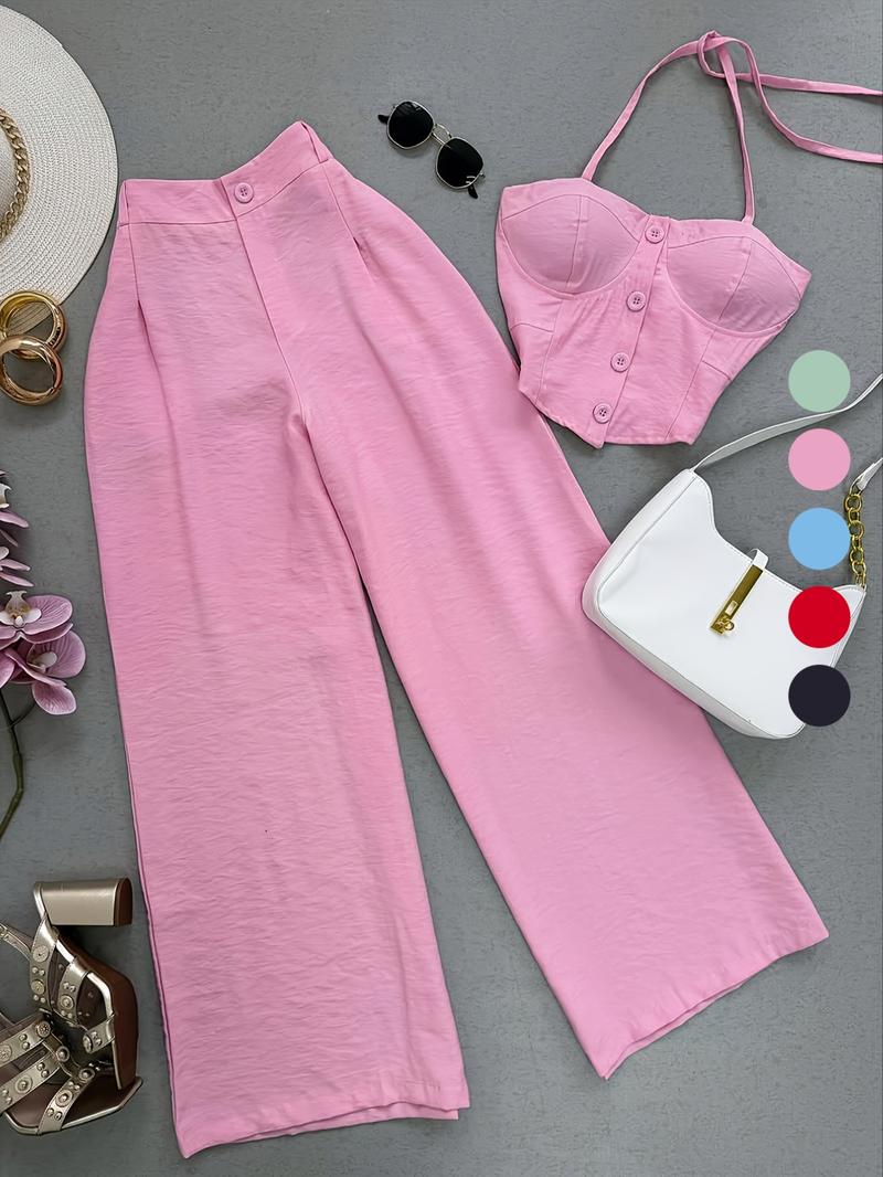 Spring Summer New Women's Fashion Solid Color Two-Piece Set Vest Long Pants, Casual Stylish, Perfect for Daily Wear