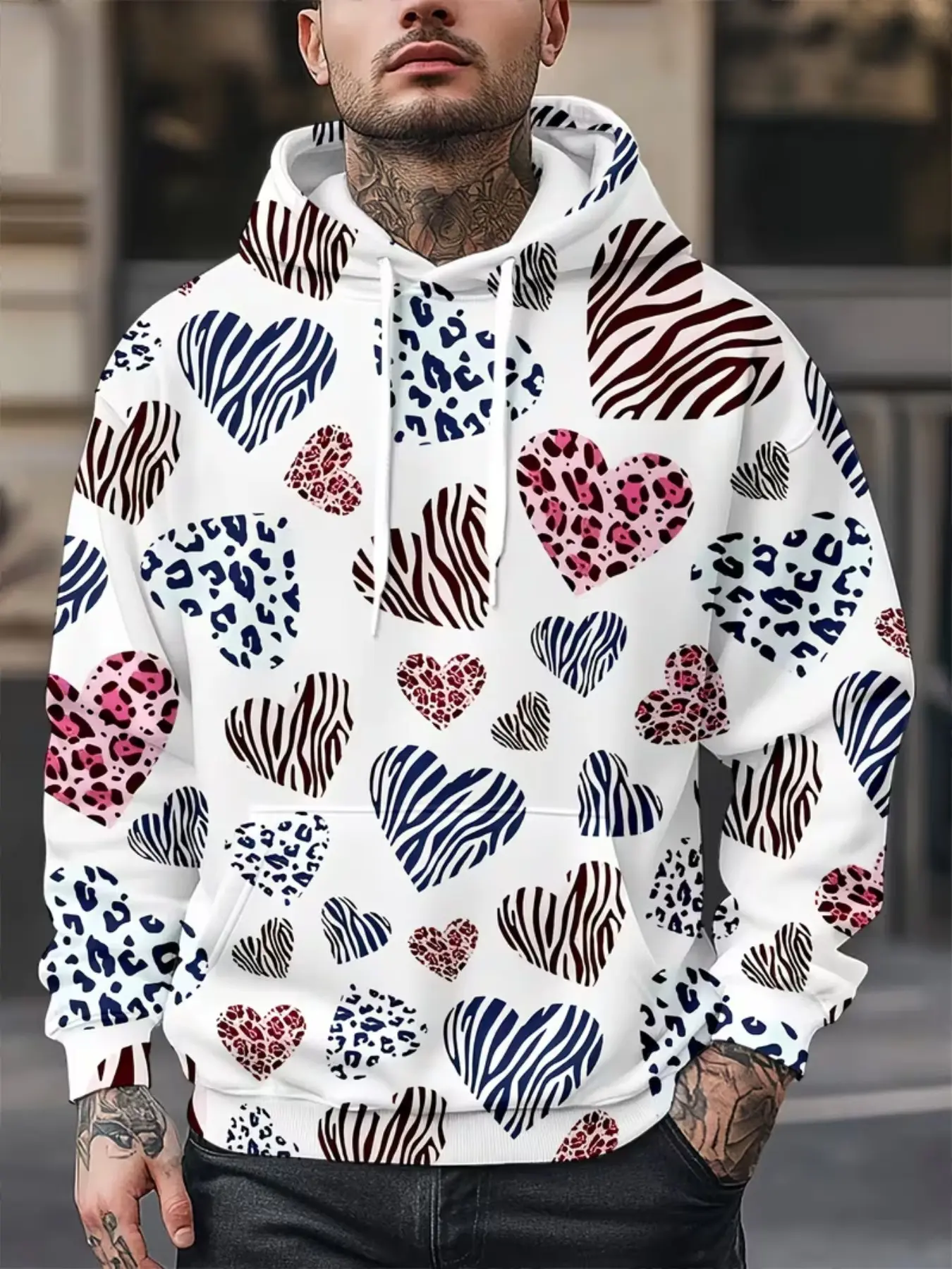 Men's Hooded Sweatshirt, Leopard Zebra Animal Print Heart Full Print Long Sleeve Pullover, Streetwear Casual Top, All Seasons