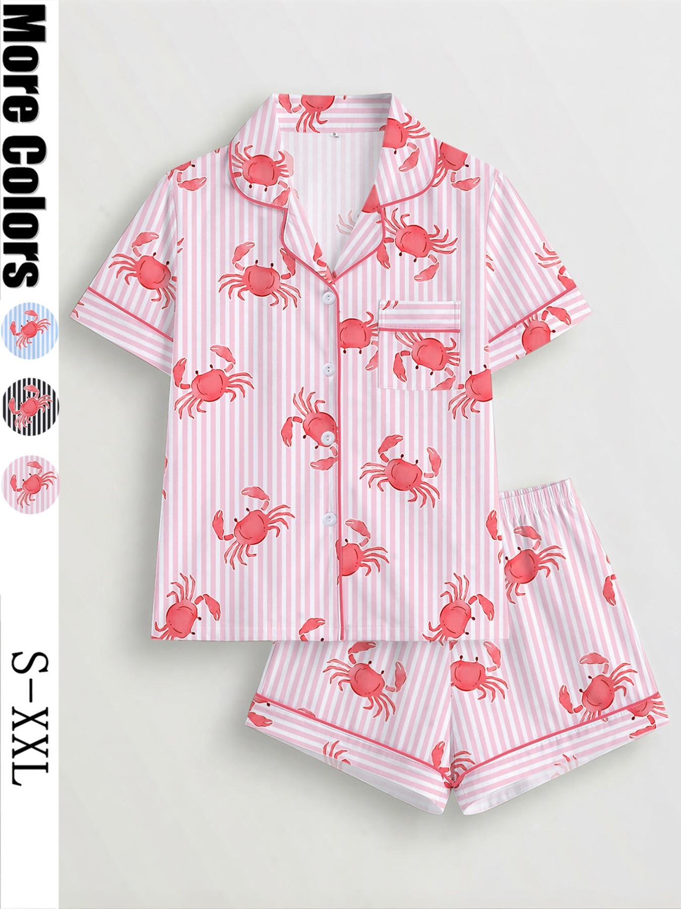 Women's 2-Piece Crab Print Pajama Set, Short-Sleeve Button-Up Top & Elastic Shorts, Casual All-Season Sleepwear, Homewear and Loungewear Set for Home and Party Women's 2-Piece Crab Print Pajama Set, Short-Sleeve Button-Up Top & Elastic Shorts, Casual All-Season Sleepwear, Homewear and Loungewear Set for Home and Party