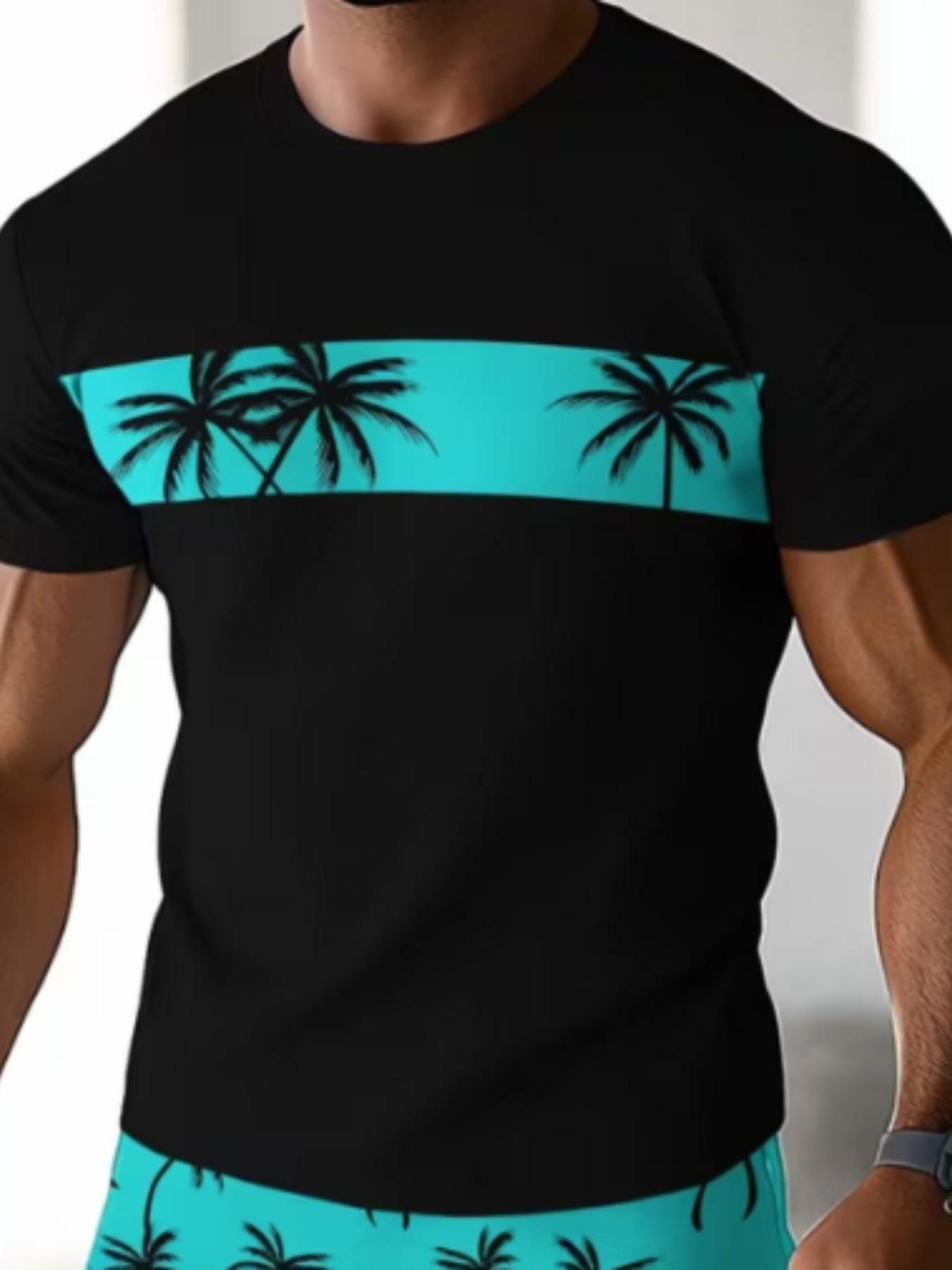 Men's Summer Vacation Tropical Coconut Tree Print Round Neck Pullover T-Shirt + Drawstring Shorts Set, Casual Loose Fit Two-Piece