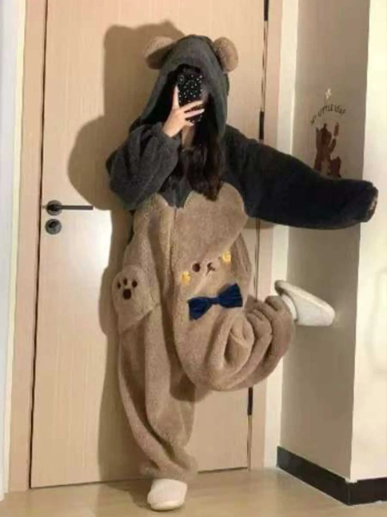 1pcs Women's Cute Cartoon Bear Hoodie Dress Long Sleeve, Unicorn Design Winter Role Play Onesie, Christmas Party Casual and Pajamas