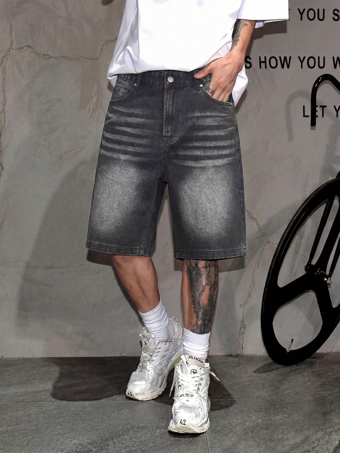 Men's Fashion Street Style Loose Fit Denim Shorts, Casual Mid Waist Zipper Fly, Plain Pattern, Daily Wear, Comfortable and Stylish