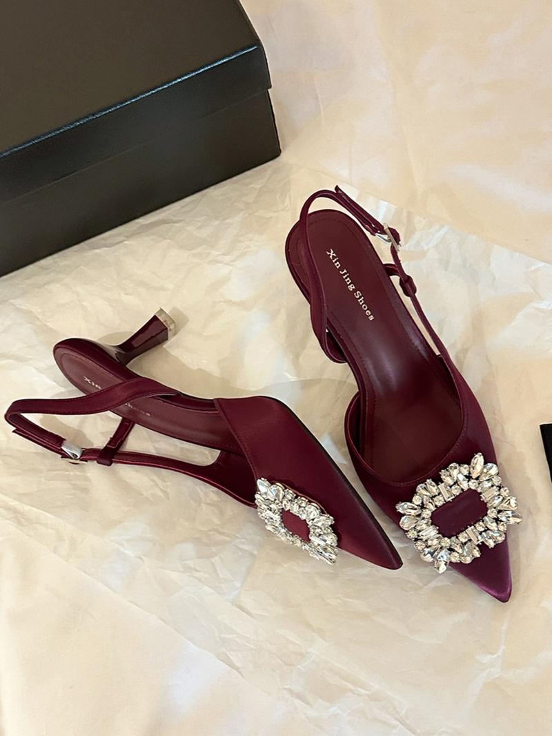 Elegant Fairy Shoes Spring New Back Buckle Pointed Toe Stiletto High Heels, French Luxury Rhinestone Commuter Wedding Pumps